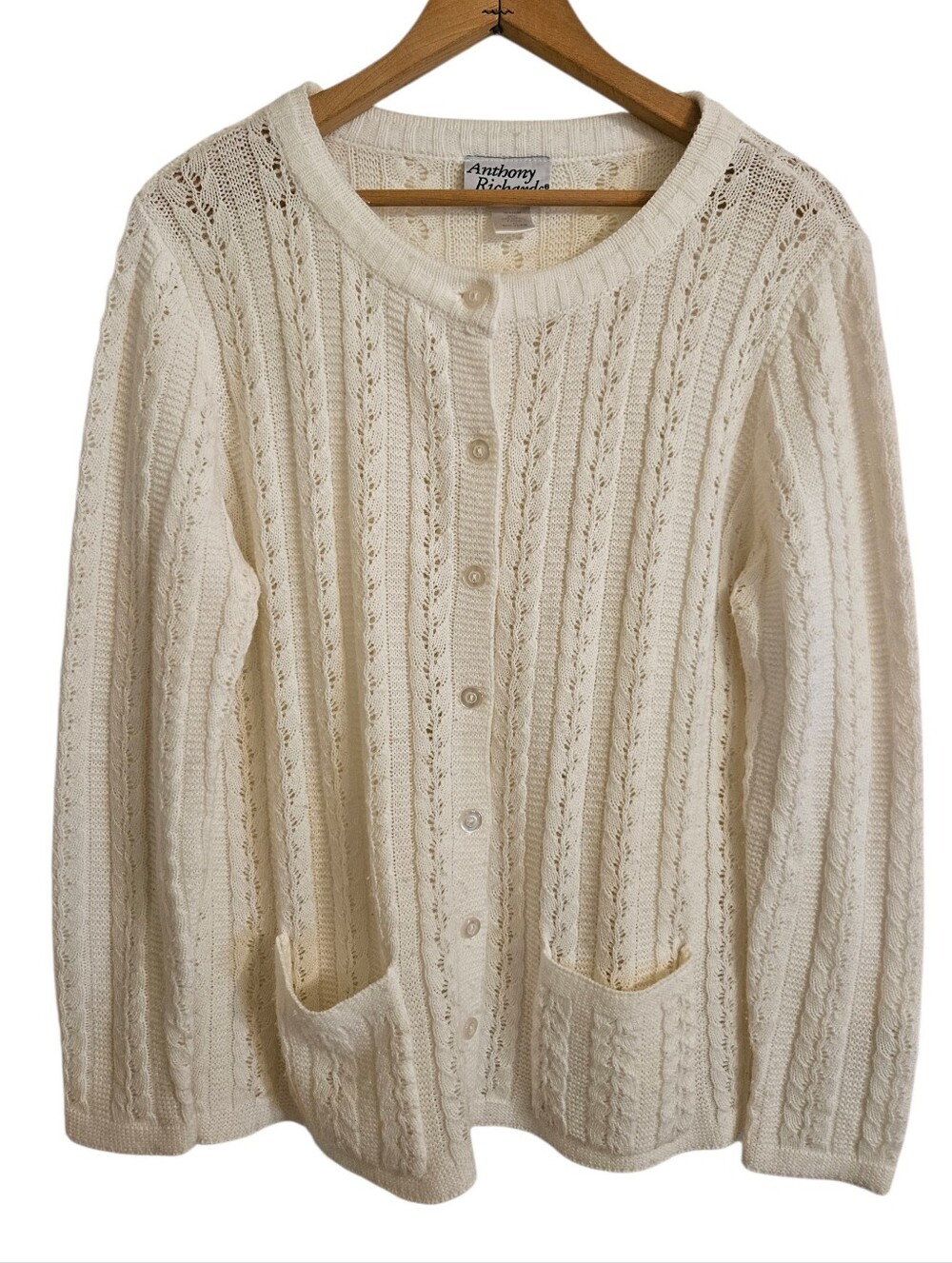 Anthony Richards Vintage White Acrylic Cable-Knit Button Cardigan Sweater Sz L